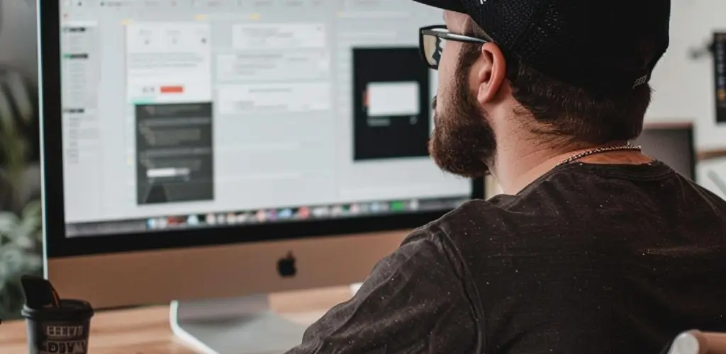 Person, die eine Website mit einem Website-Builder erstellt webflow vs wordpress