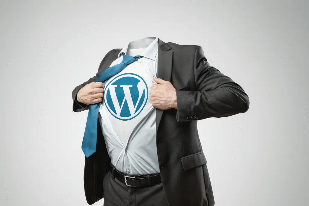 Headless WordPress Symbol auf dem Shirt eines kopflosen Geschäftsmanns als visuelle Metapher für entkoppelte WordPress-Architektur.