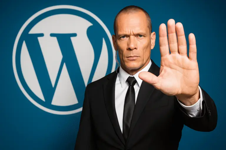 Ein Türsteher blockiert den Zutritt vor einem großen WordPress-Logo. Darstellung eines sicheren WordPress Mitgliederbereichs mit Zugangsschutz.