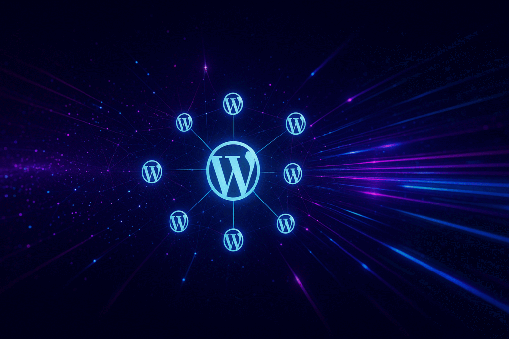 Abstraktes digitales Netzwerk mit leuchtenden blauen und violetten Linien und Lichtspuren, das eine WordPress Multisite Struktur symbolisiert. In der Mitte ein zentrales Verbindungselement, von dem mehrere verknüpfte Punkte ausgehen.
