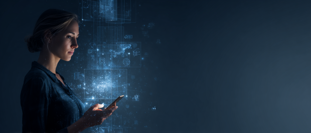 Frau im Profil mit Smartphone vor blau leuchtender, holografischer Interface- und Datenvisualisierung zur WordPress Abilities API auf dunklem Hintergrund