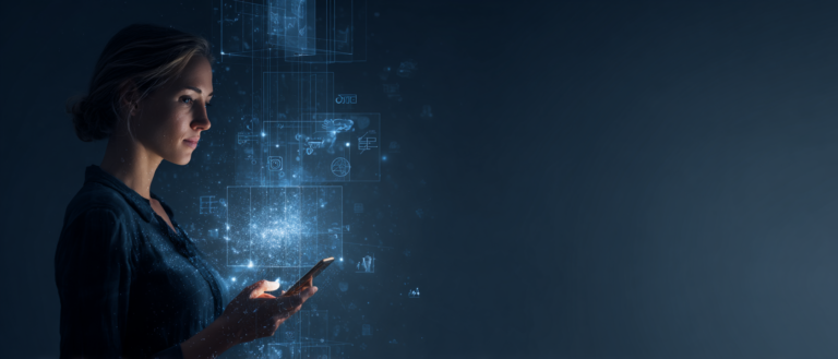 Frau im Profil mit Smartphone vor blau leuchtender, holografischer Interface- und Datenvisualisierung zur WordPress Abilities API auf dunklem Hintergrund