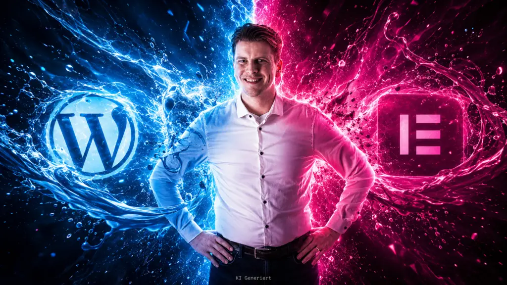 Mann steht zwischen WordPress- und Elementor-Logo in blau-rosa Energieeffekt