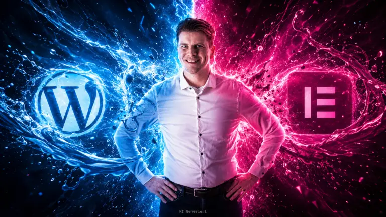Mann steht zwischen WordPress- und Elementor-Logo in blau-rosa Energieeffekt
