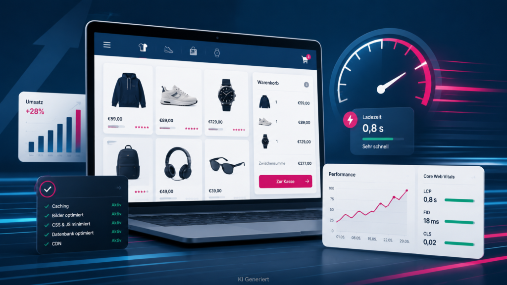 Alt-Text: WooCommerce Performance Dashboard mit Shop, Ladezeit, Core Web Vitals und Umsatzentwicklung